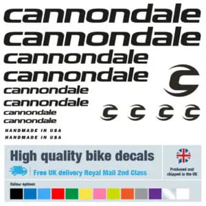 Cannondale bike decal set in black. Replacement vinyl stickers for Cannondale frames.