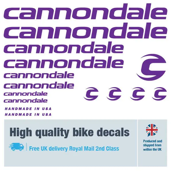 Cannondale bike decal set in purple. Replacement vinyl stickers for Cannondale frames.