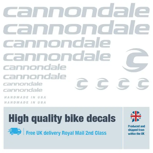 Cannondale bike decal set in grey. Replacement vinyl stickers for Cannondale frames.
