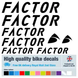 Factor bike decal set in black. Replacement vinyl stickers for Factor bike frames.