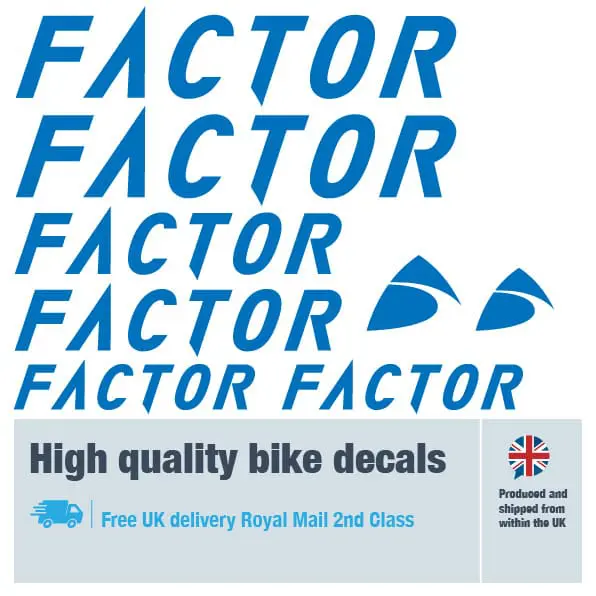 Factor bike decal set in dark blue. Replacement vinyl stickers for Factor bike frames.