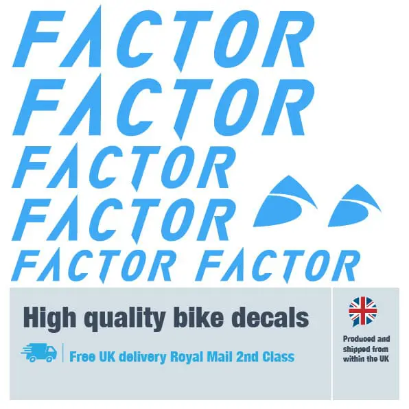 Factor bike decal set in light blue. Replacement vinyl stickers for Factor bike frames.