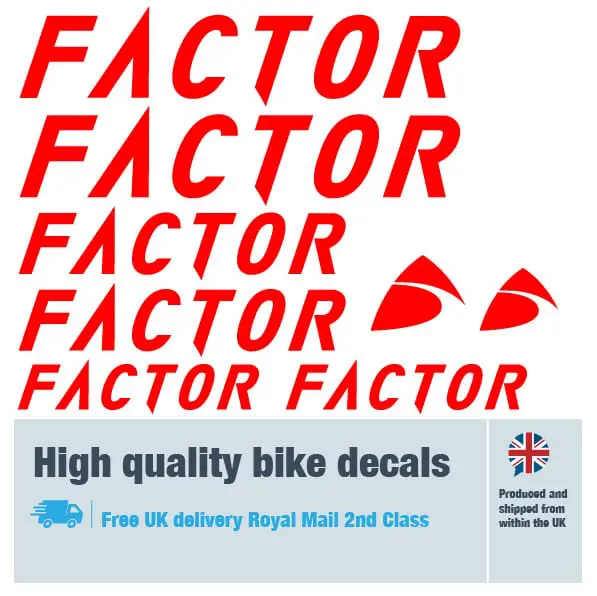 Factor bike decal set in red. Replacement vinyl stickers for Factor bike frames.