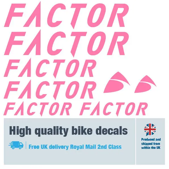Factor bike decal set in pink. Replacement vinyl stickers for Factor bike frames.