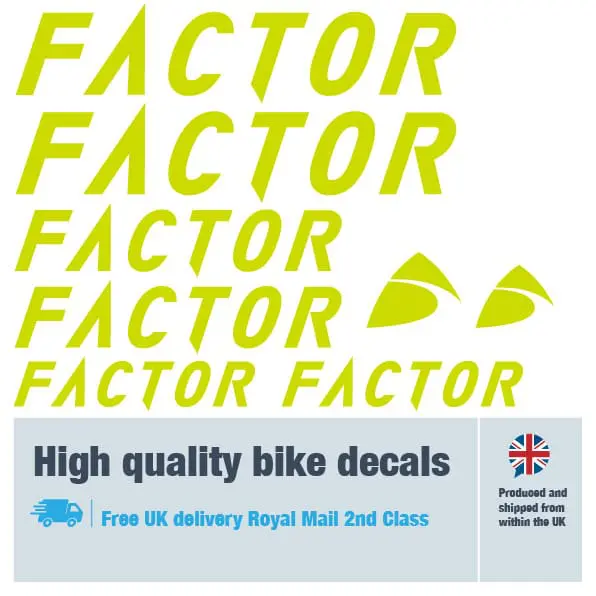 Factor bike decal set in lime. Replacement vinyl stickers for Factor bike frames.