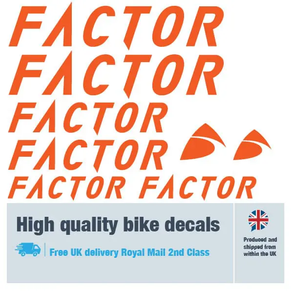 Factor bike decal set in orange. Replacement vinyl stickers for Factor bike frames.