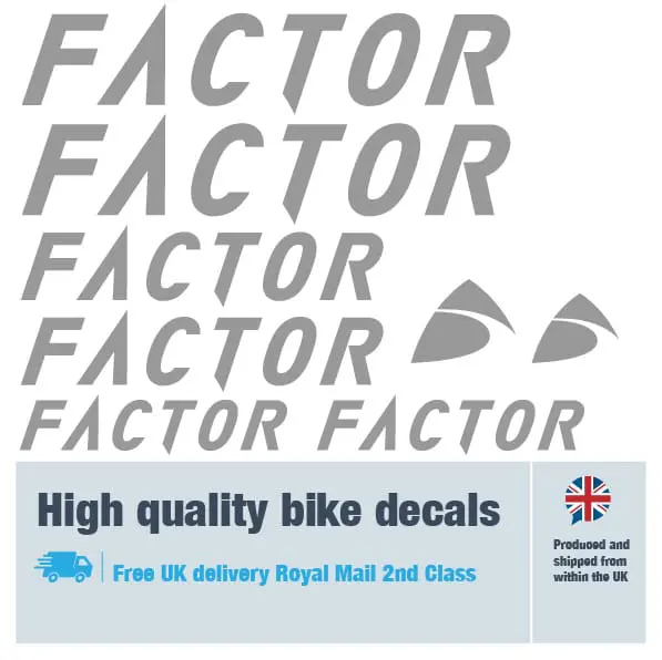 Factor bike decal set in grey. Replacement vinyl stickers for Factor bike frames.