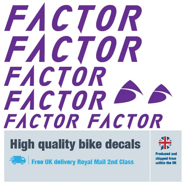 Factor bike decal set in purple. Replacement vinyl stickers for Factor bike frames.
