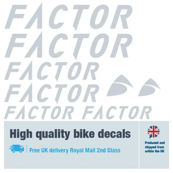 Factor bike decal set in silver. Replacement vinyl stickers for Factor bike frames.