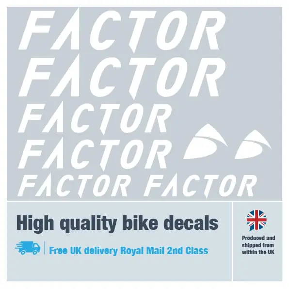 Factor bike decal set in white. Replacement vinyl stickers for Factor bike frames.