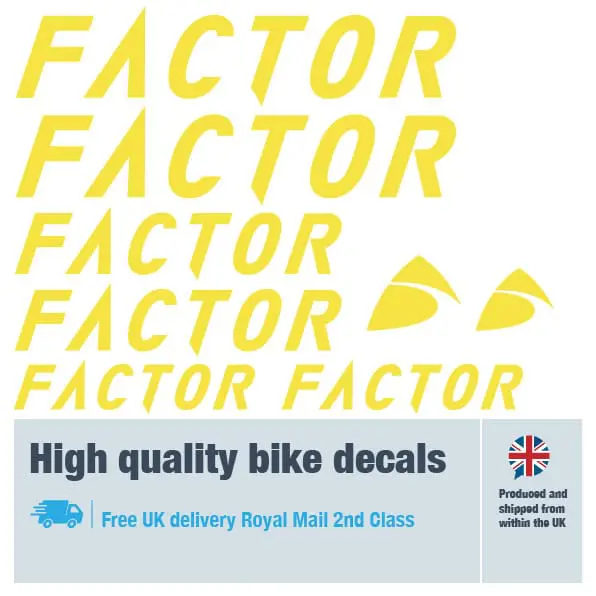 Factor bike decal set in yellow. Replacement vinyl stickers for Factor bike frames.
