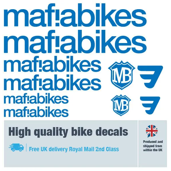 Mafia Bikes bike decal set in dark blue. Replacement vinyl stickers for Mafia Bikes frames.