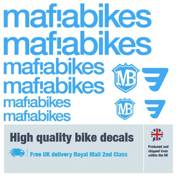 Mafia Bikes bike decal set in light blue. Replacement vinyl stickers for Mafia Bikes frames.