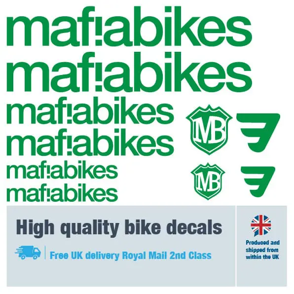 Mafia Bikes bike decal set in green. Replacement vinyl stickers for Mafia Bikes frames.