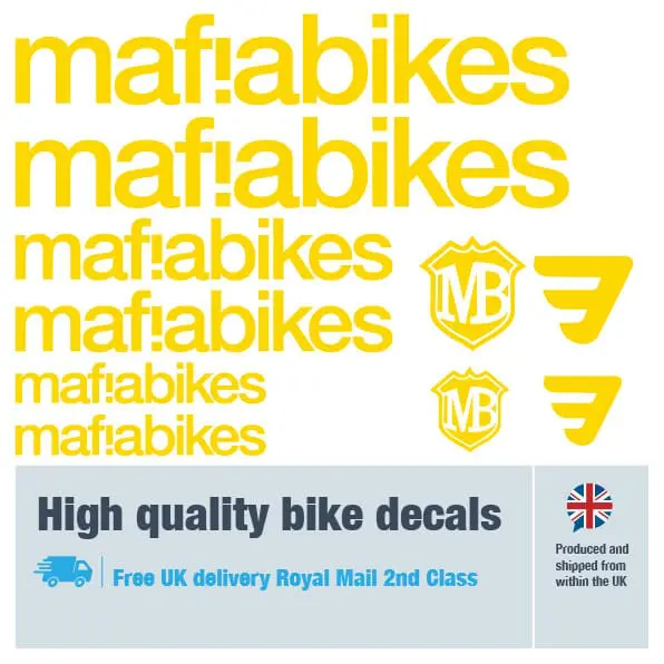 Mafia Bikes bike decal set in yellow. Replacement vinyl stickers for Mafia Bikes frames.