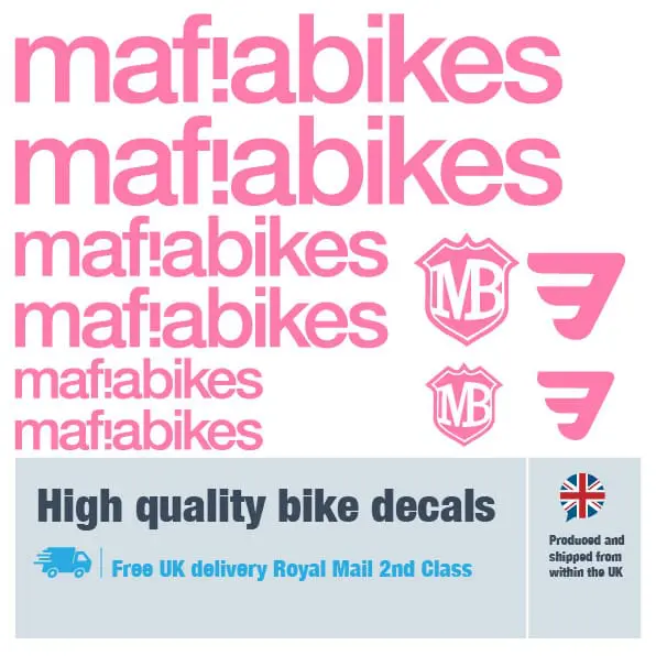 Mafia Bikes bike decal set in pink. Replacement vinyl stickers for Mafia Bikes frames.