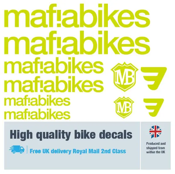 Mafia Bikes bike decal set in lime. Replacement vinyl stickers for Mafia Bikes frames.