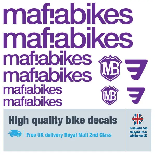 Mafia Bikes bike decal set in purple. Replacement vinyl stickers for Mafia Bikes frames.