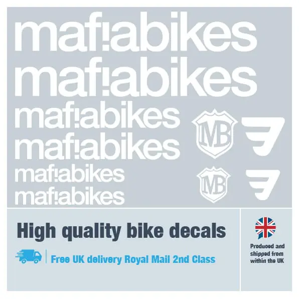 Mafia Bikes bike decal set in white. Replacement vinyl stickers for Mafia Bikes frames.