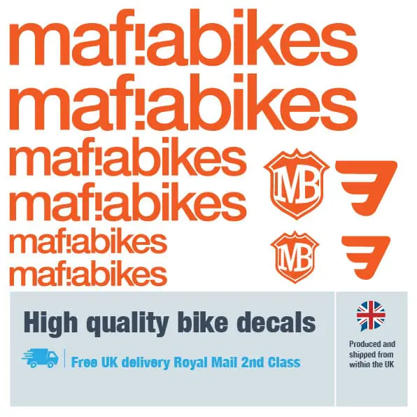Mafia Bikes bike decal set in orange. Replacement vinyl stickers for Mafia Bikes frames.