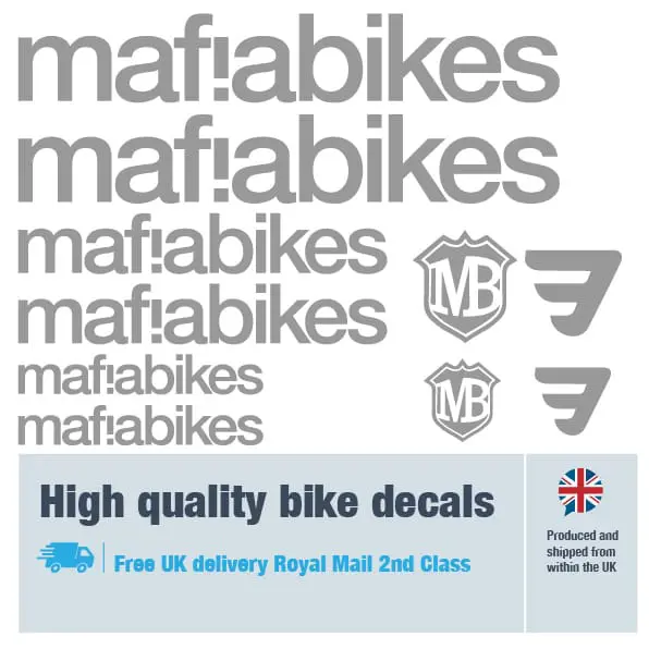 Mafia Bikes bike decal set in grey. Replacement vinyl stickers for Mafia Bikes frames.