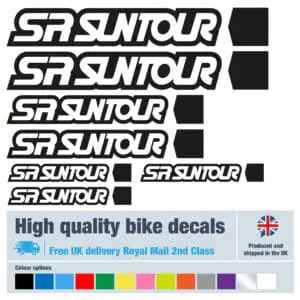 SR Suntour bike decal set in black. Replacement vinyl stickers for SR Suntour forks.
