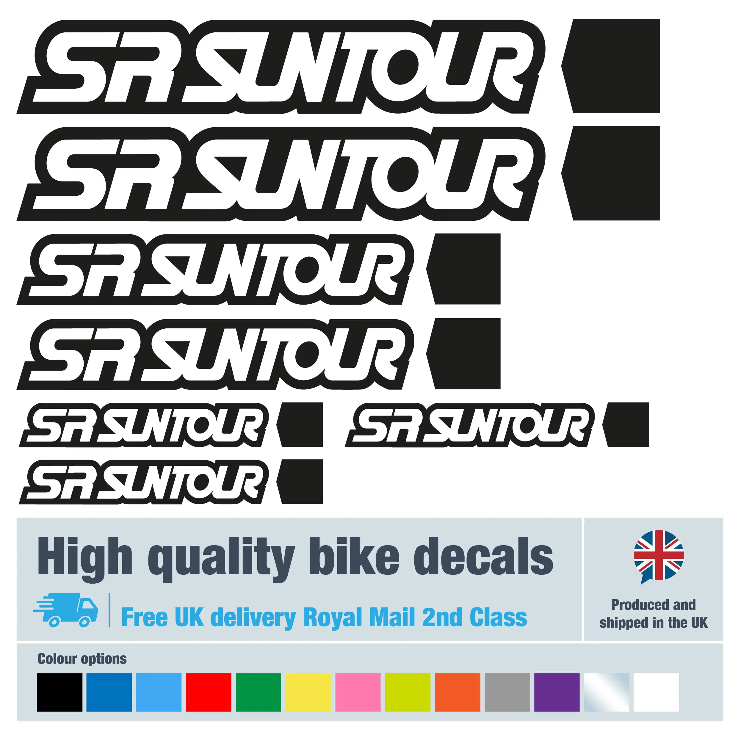 SR Suntour bike decal set in black. Replacement vinyl stickers for SR Suntour forks.