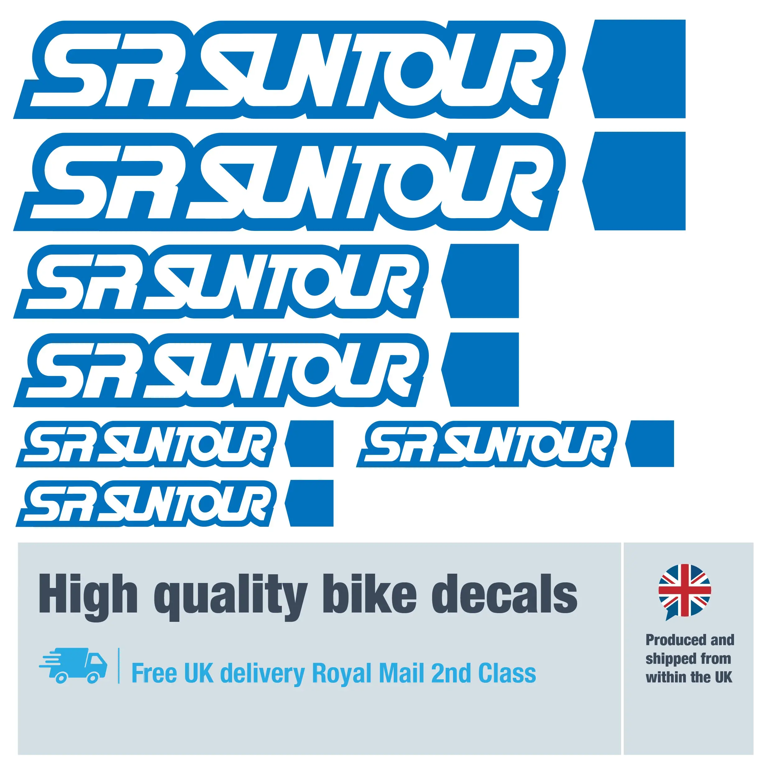 SR Suntour bike decal set in Dark Blue. Replacement vinyl stickers for SR Suntour forks.