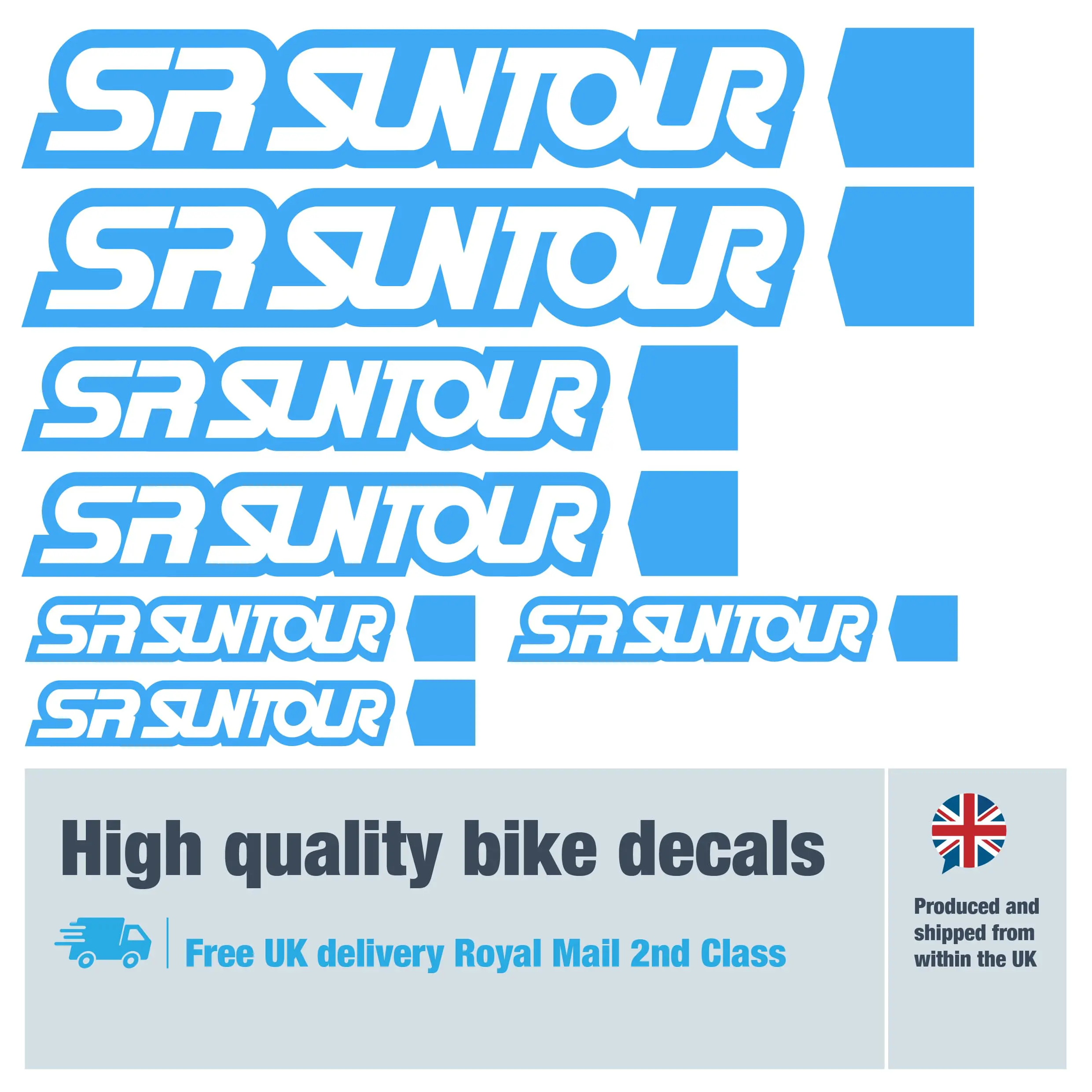 SR Suntour bike decal set in Light Blue. Replacement vinyl stickers for SR Suntour forks.