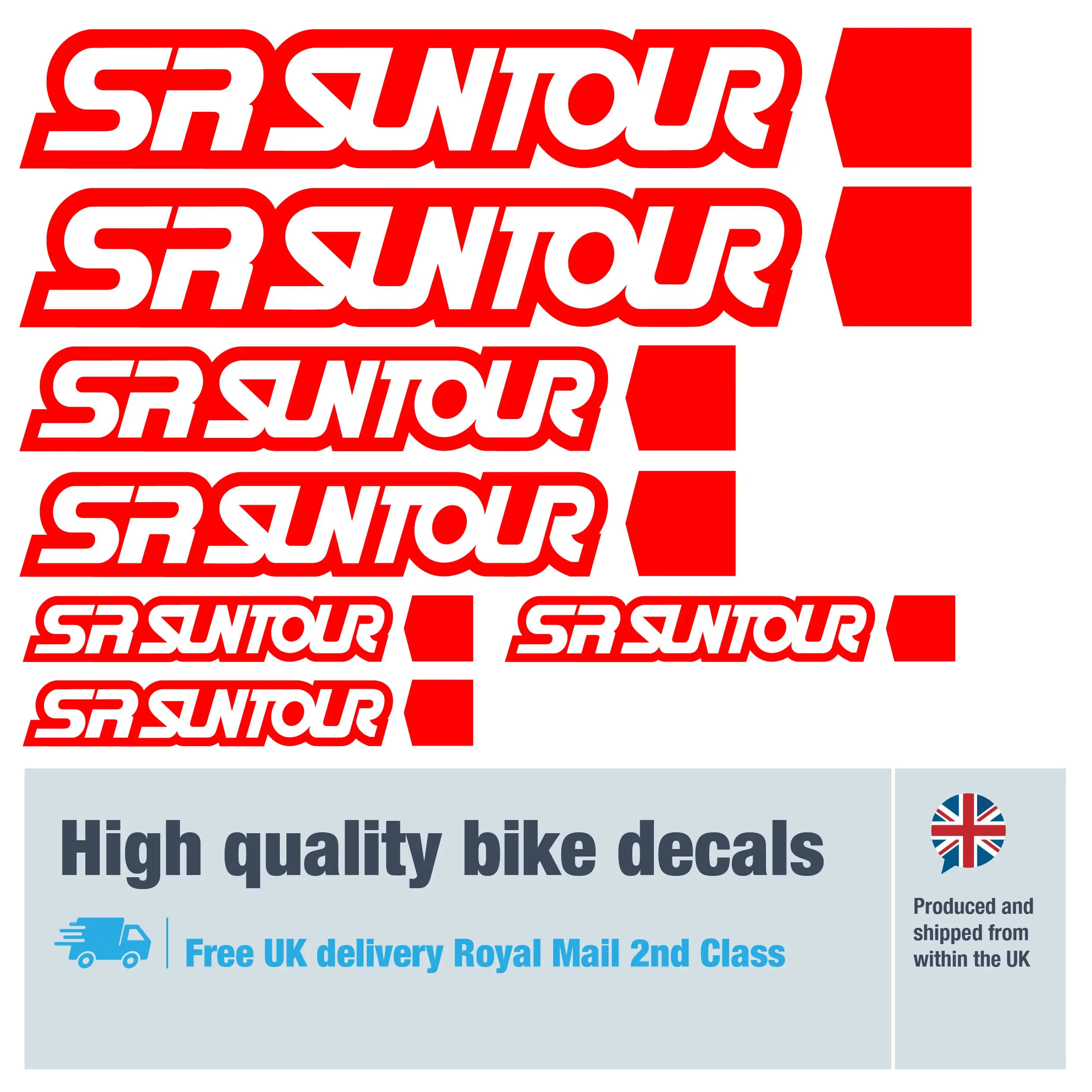 SR Suntour bike decal set in red. Replacement vinyl stickers for SR Suntour forks.