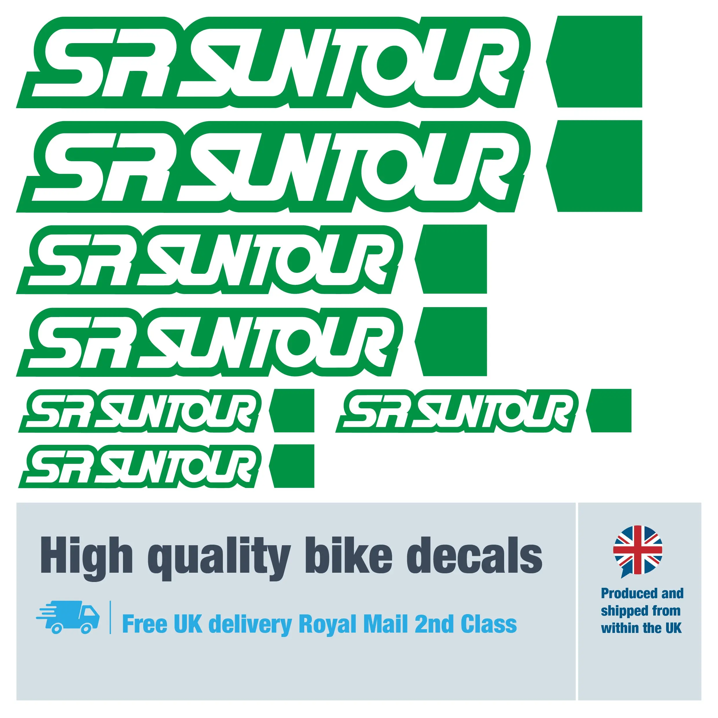SR Suntour bike decal set in green. Replacement vinyl stickers for SR Suntour forks.