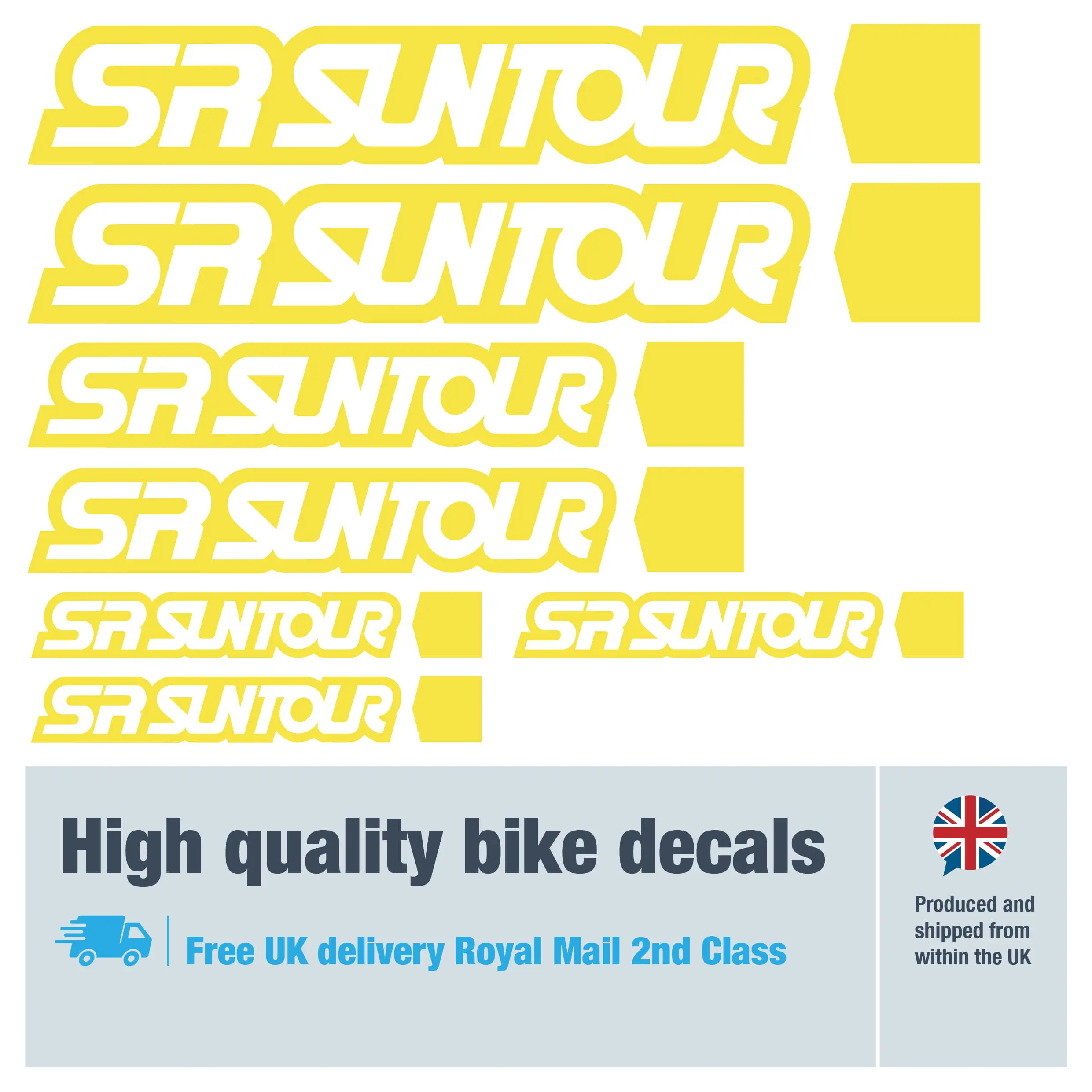 SR Suntour bike decal set in yellow. Replacement vinyl stickers for SR Suntour forks.