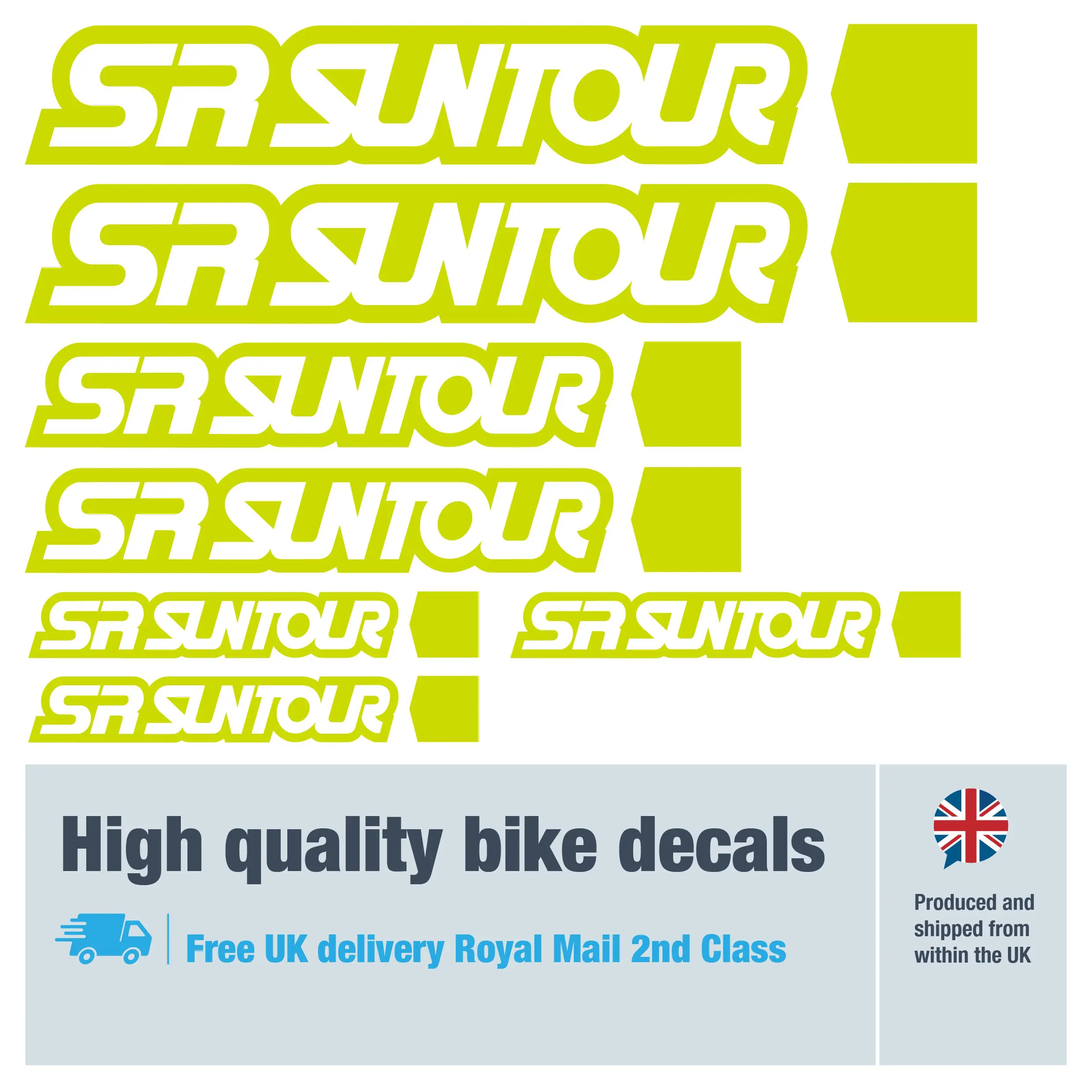 SR Suntour bike decal set in lime. Replacement vinyl stickers for SR Suntour forks.