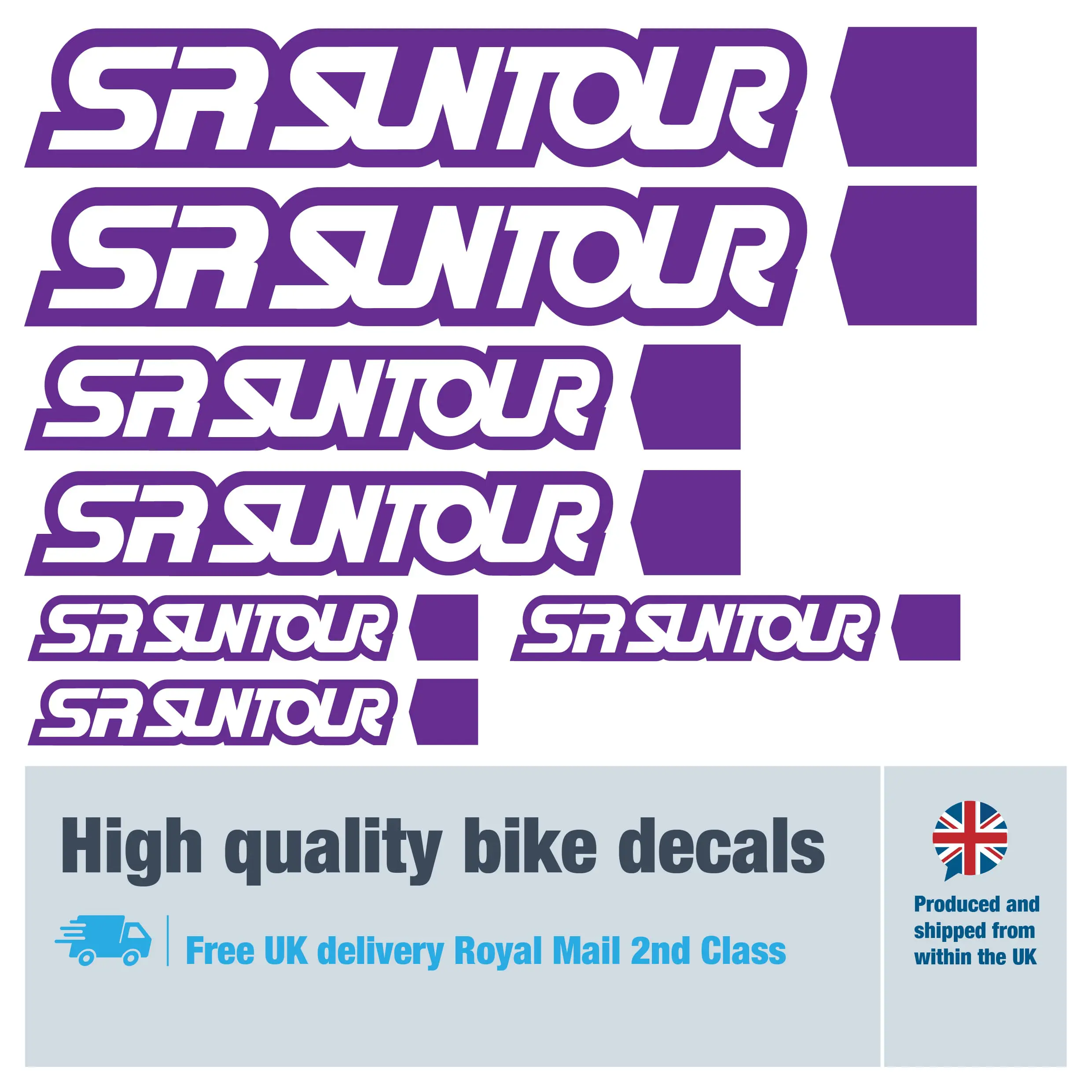 SR Suntour bike decal set in purple. Replacement vinyl stickers for SR Suntour forks.