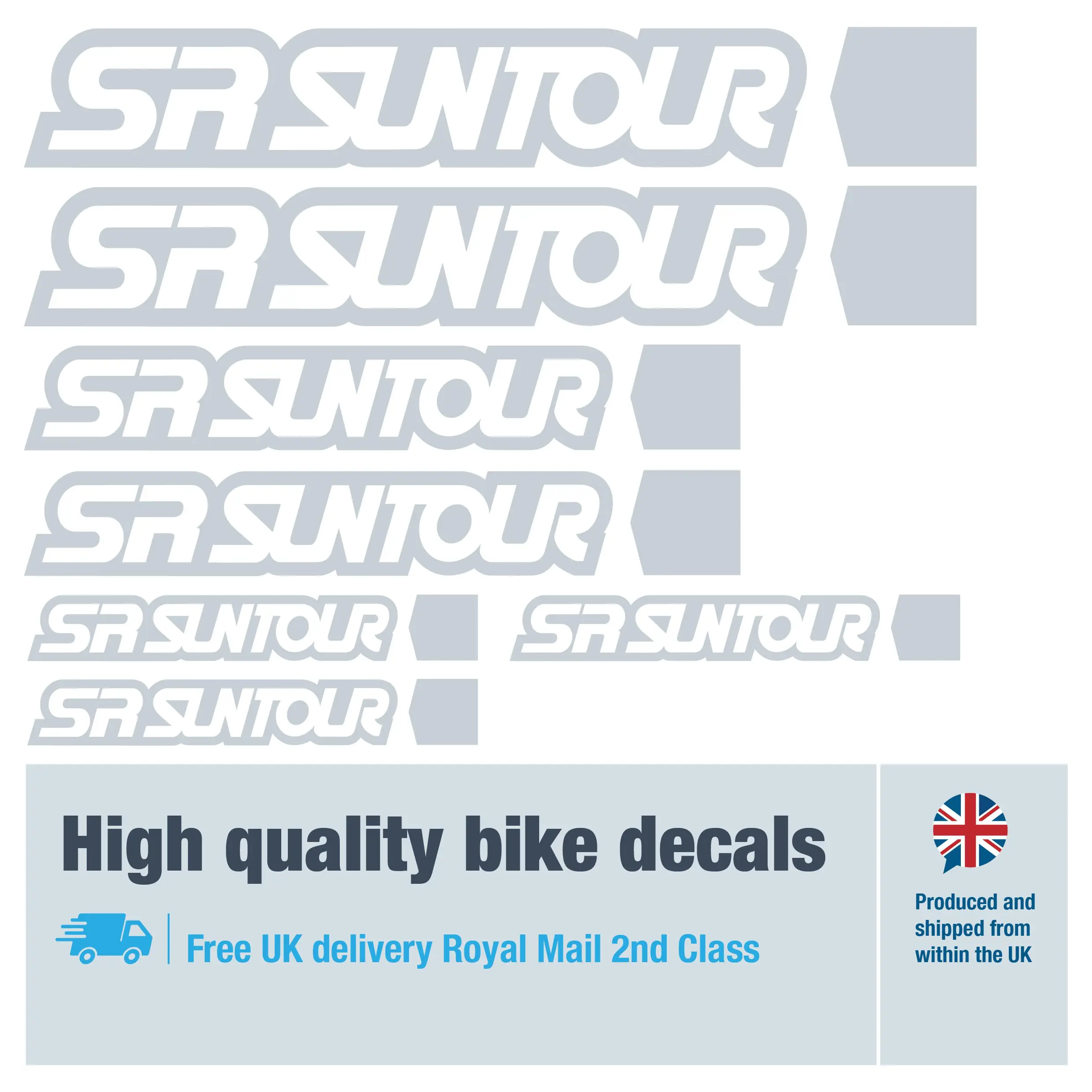 SR Suntour bike decal set in grey. Replacement vinyl stickers for SR Suntour forks.