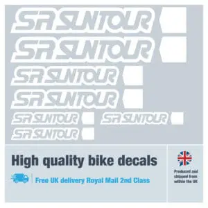 SR Suntour bike decal set in white. Replacement vinyl stickers for SR Suntour forks.