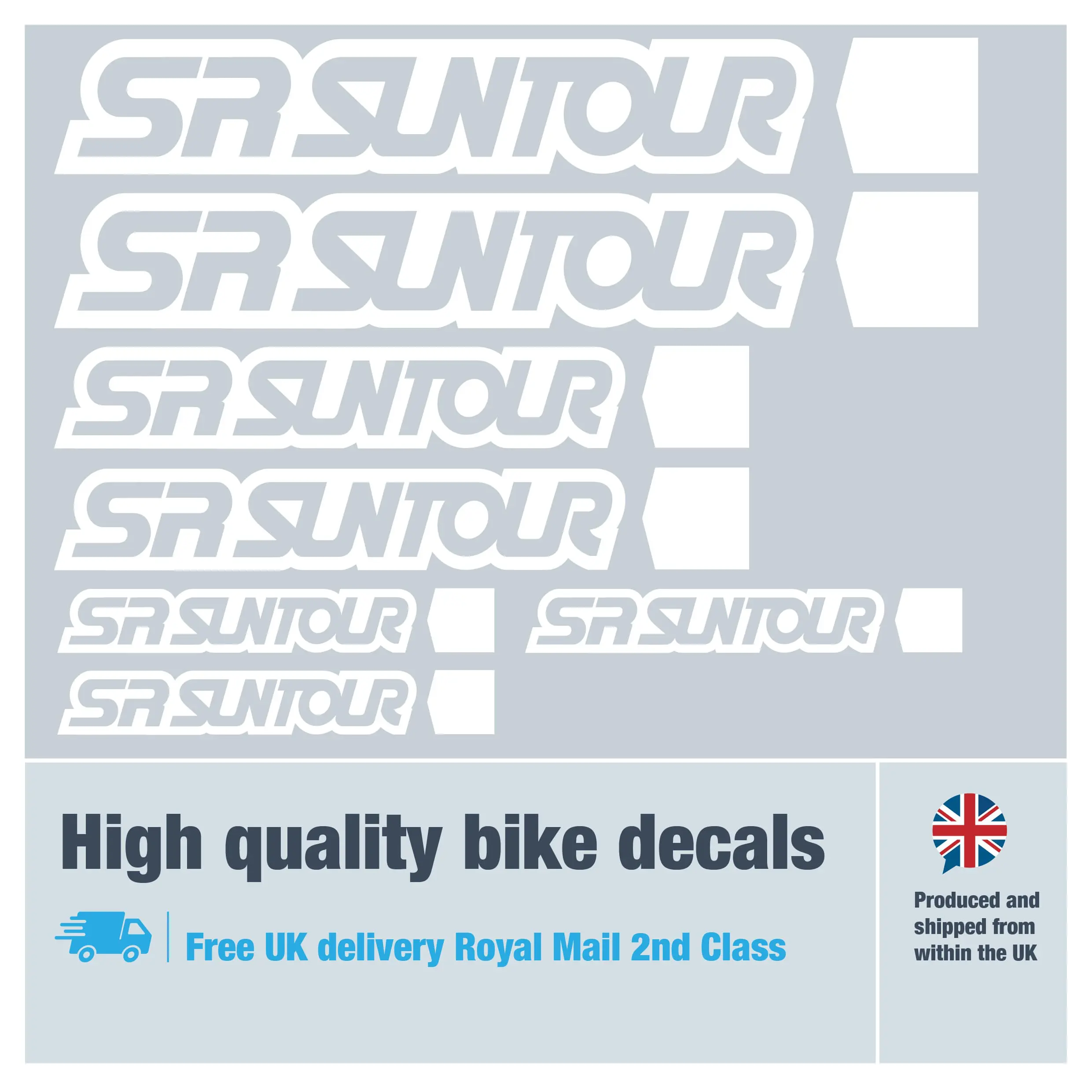 SR Suntour bike decal set in white. Replacement vinyl stickers for SR Suntour forks.