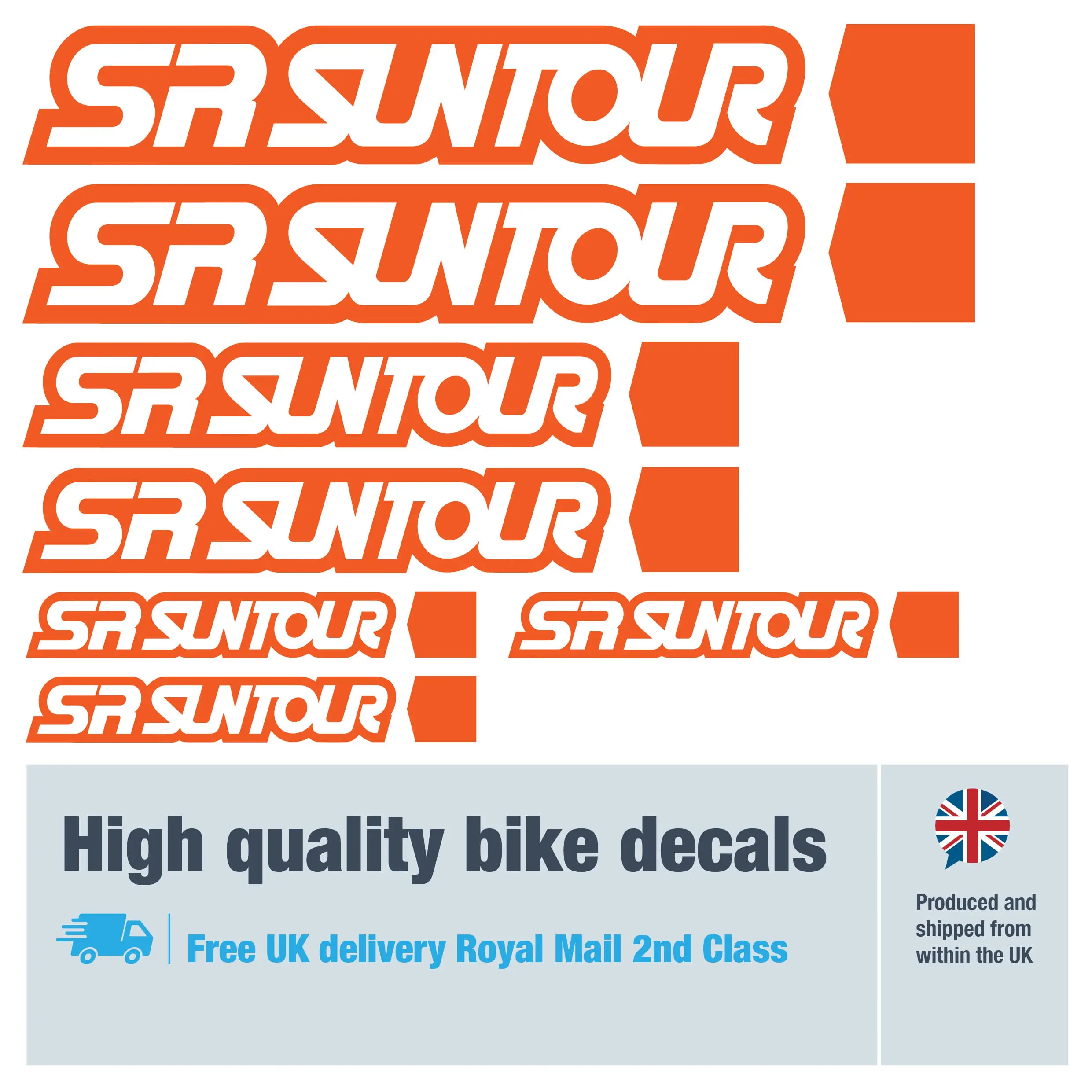 SR Suntour bike decal set in orange. Replacement vinyl stickers for SR Suntour forks.