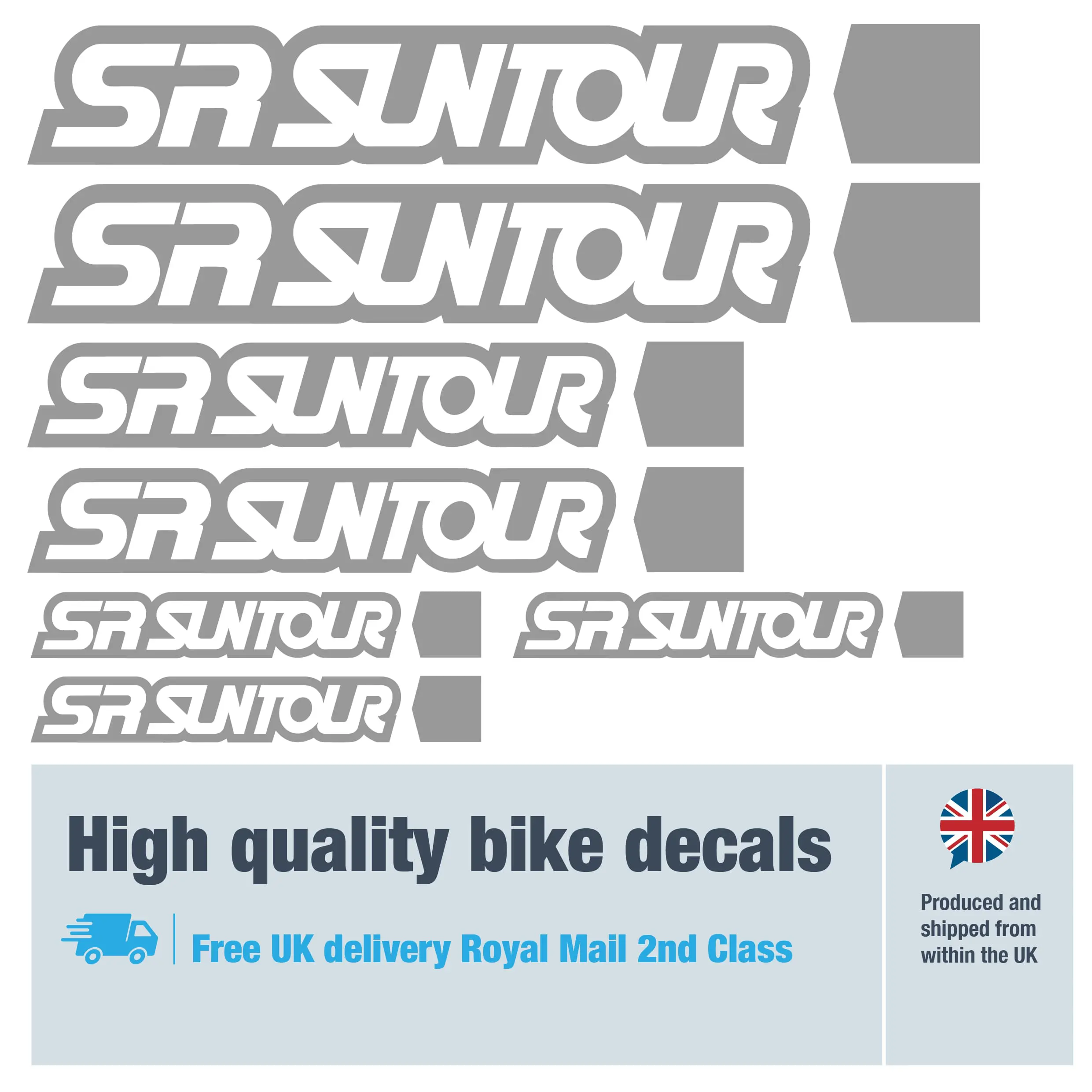 SR Suntour bike decal set in silver. Replacement vinyl stickers for SR Suntour forks.