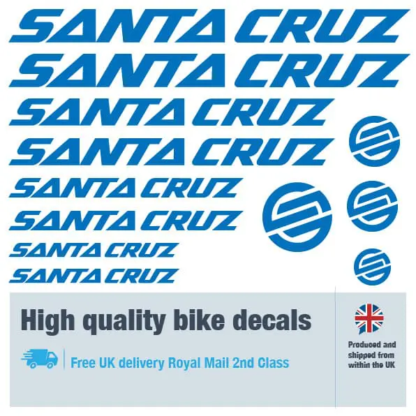 Santa Cruz bike decal set in dark blue. Replacement vinyl stickers for Santa Cruz frames.
