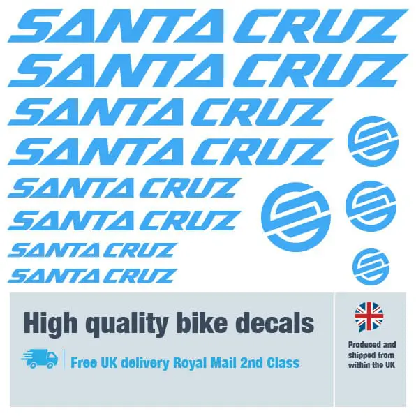 Santa Cruz bike decal set in light blue. Replacement vinyl stickers for Santa Cruz frames.