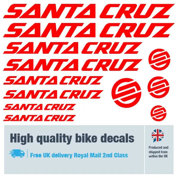 Santa Cruz bike decal set in red. Replacement vinyl stickers for Santa Cruz frames.