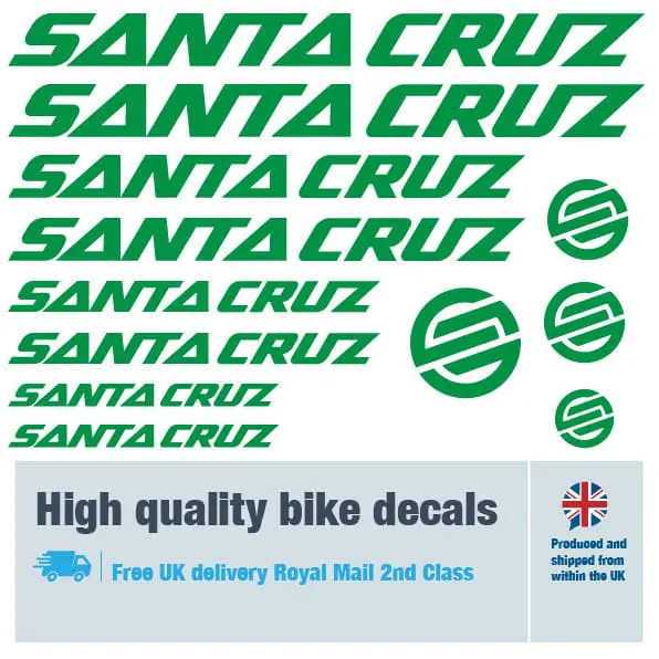 Santa Cruz bike decal set in green. Replacement vinyl stickers for Santa Cruz frames.