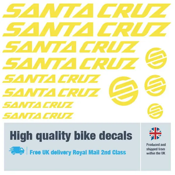 Santa Cruz bike decal set in yellow. Replacement vinyl stickers for Santa Cruz frames.
