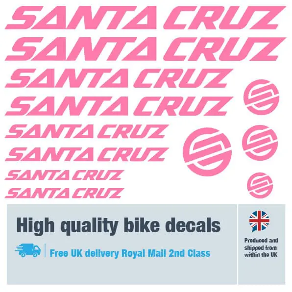 Santa Cruz bike decal set in pink. Replacement vinyl stickers for Santa Cruz frames.