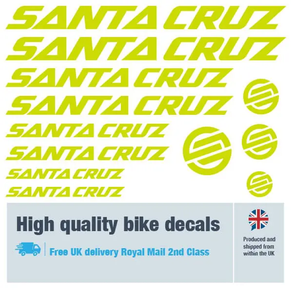 Santa Cruz bike decal set in lime. Replacement vinyl stickers for Santa Cruz frames.