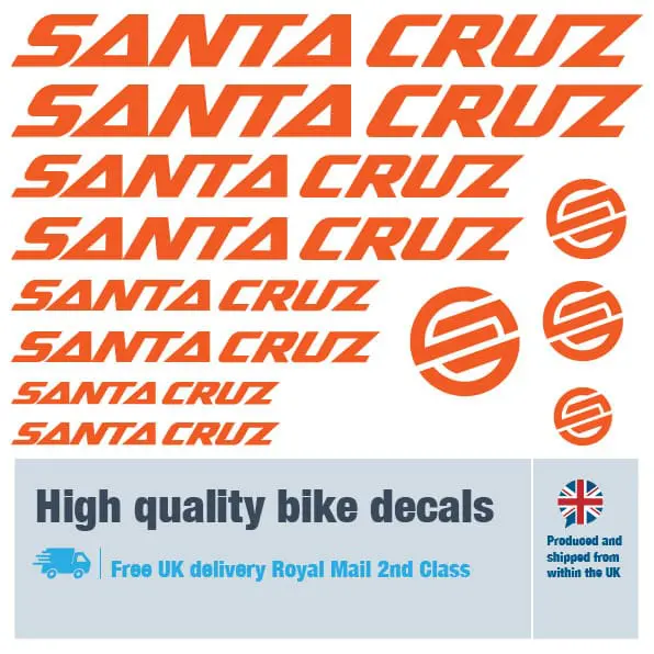 Santa Cruz bike decal set in orange. Replacement vinyl stickers for Santa Cruz frames.