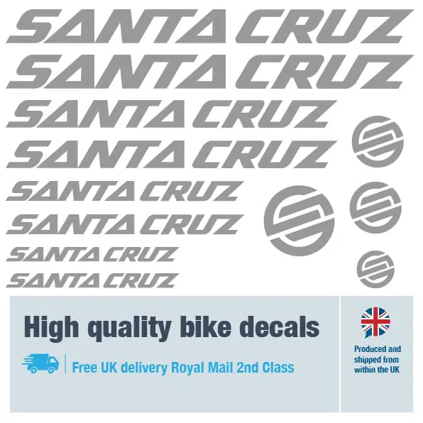 Santa Cruz bike decal set in grey. Replacement vinyl stickers for Santa Cruz frames.