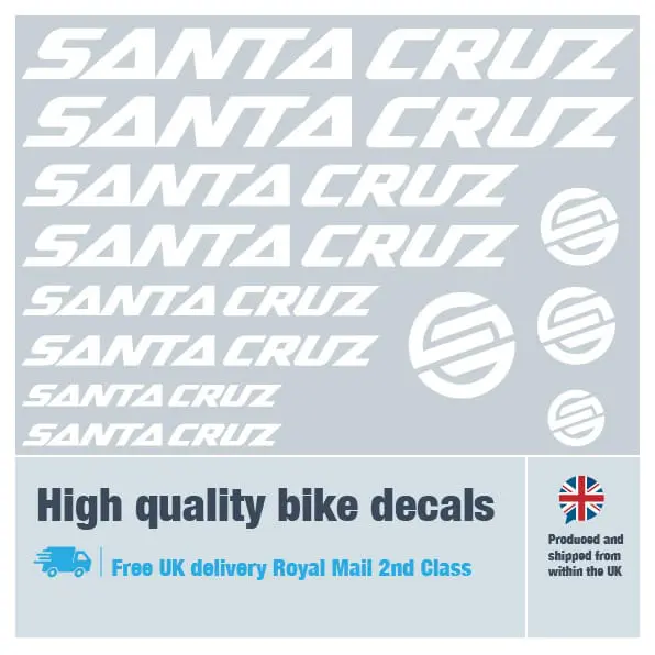 Santa Cruz bike decal set in white. Replacement vinyl stickers for Santa Cruz frames.