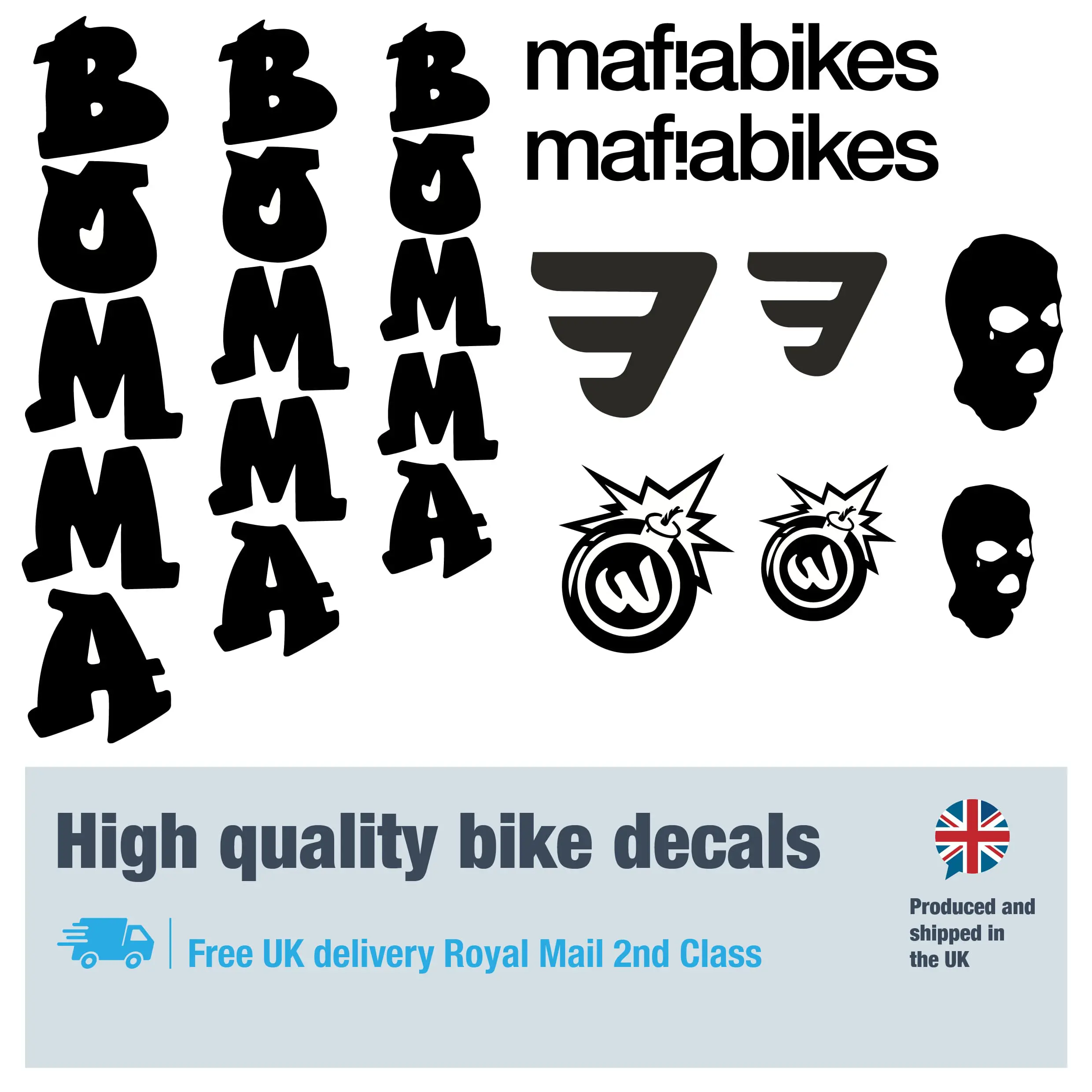 Mafia Bomma bike decal set. Replacement vinyl stickers for Mafia Bomma frames.